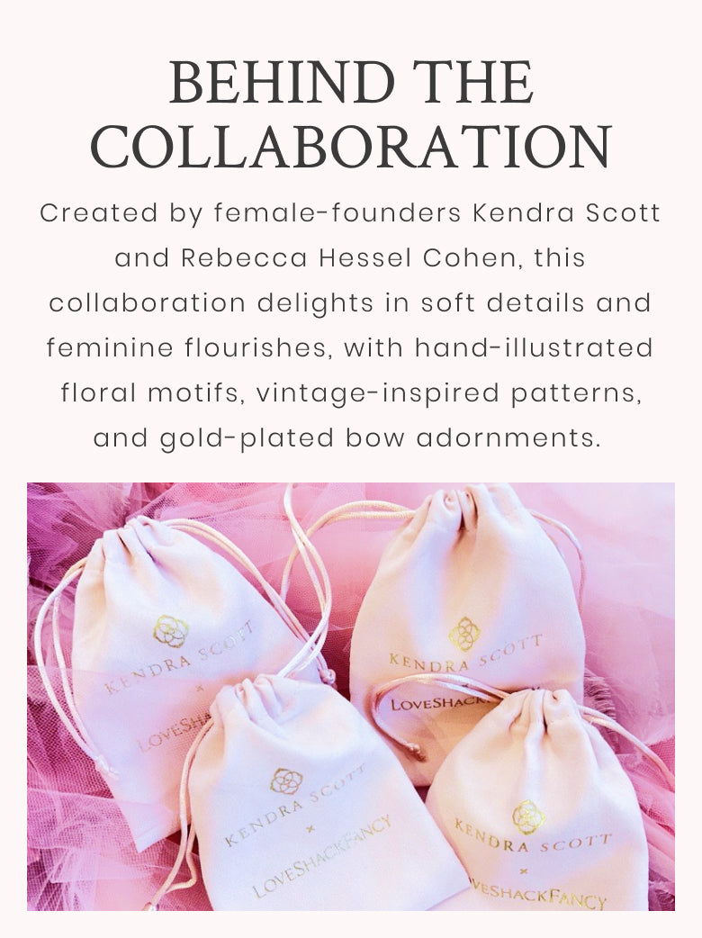 Behind the Collaboration: This collaboration delights in soft details and feminine flourishes, with hand-illustrated floral motifs, vintage-inspired patterns, and gold-plated bow adornments.