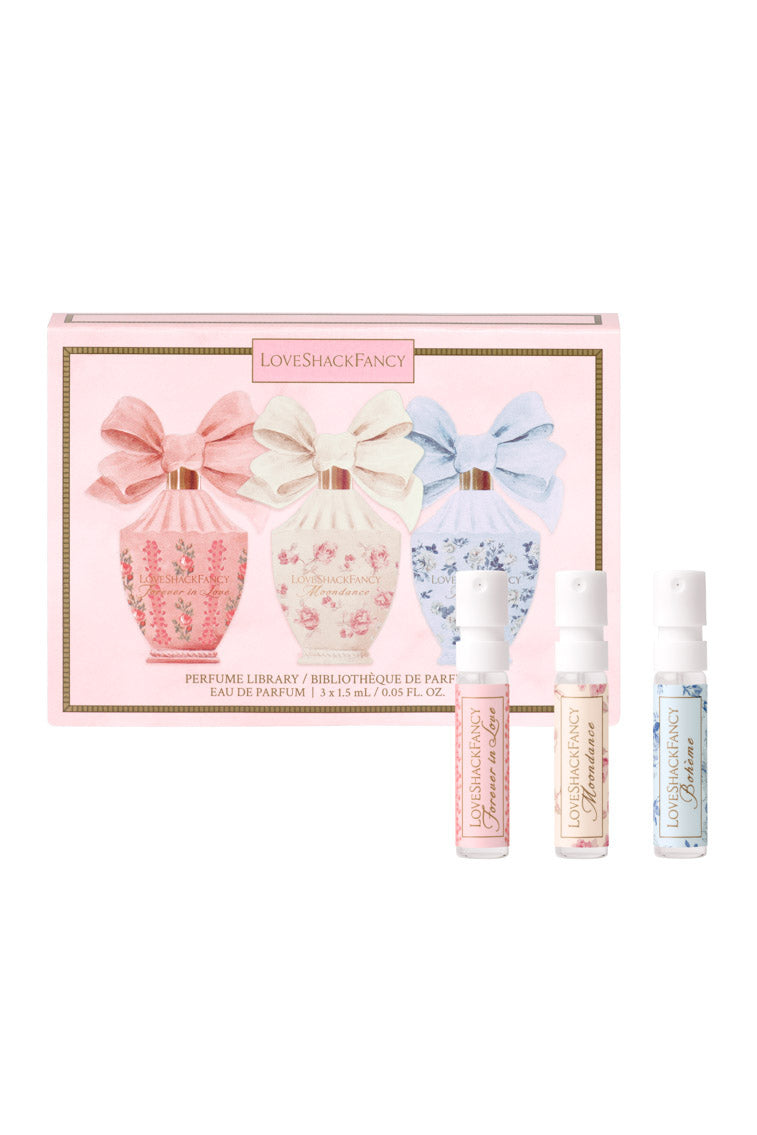 Eau de parfum discovery set in pink box with mini bottles and bow gift pack