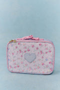 Floral-patterned pouch with a heart design on a light blue background