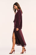 Merlot cardigan side view with button front and patch pockets
