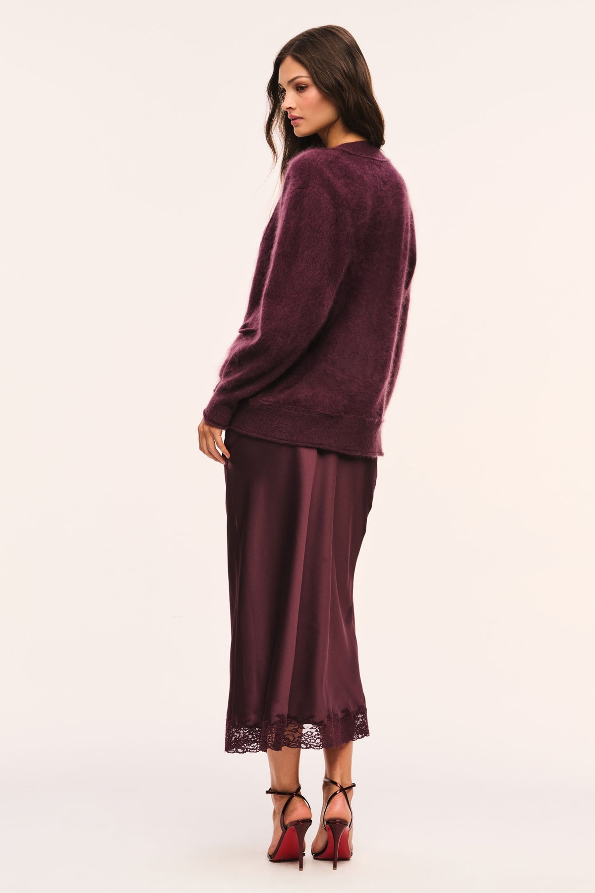 Merlot cardigan back view with long sleeves and button detailing