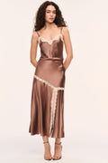 Mocha satin camisole top with cream scalloped lace V-neck and spaghetti straps paired with matching skirt