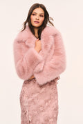 Cropped faux fur jacket, light mauve plush texture with open front and soft shawl collar