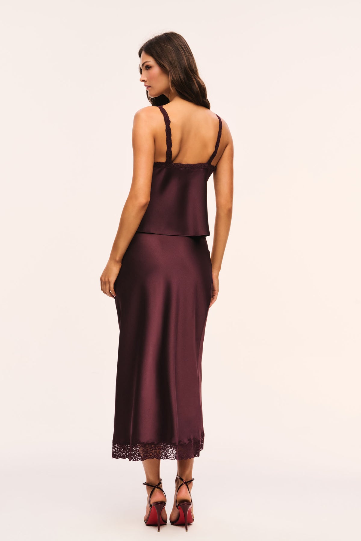 Deep plum satin cami with lace straps and lace v-neckline back view