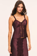 Deep plum satin cami with lace straps, lace v-neckline and lace front details, and button front closures, front view