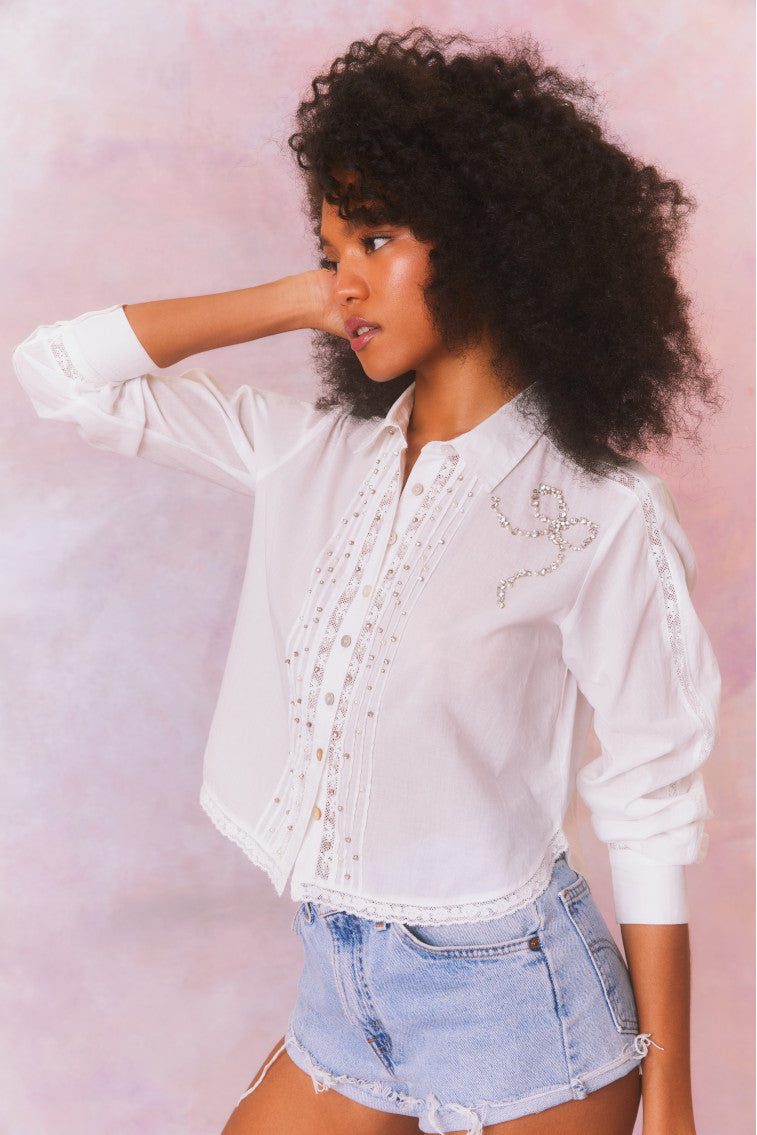 Embellished Rosaway Cotton Bow Top