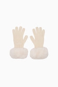 Pair of cream gloves with fluffy cuffs on a white background