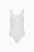 Blue swimsuit with small floral pattern on a white background