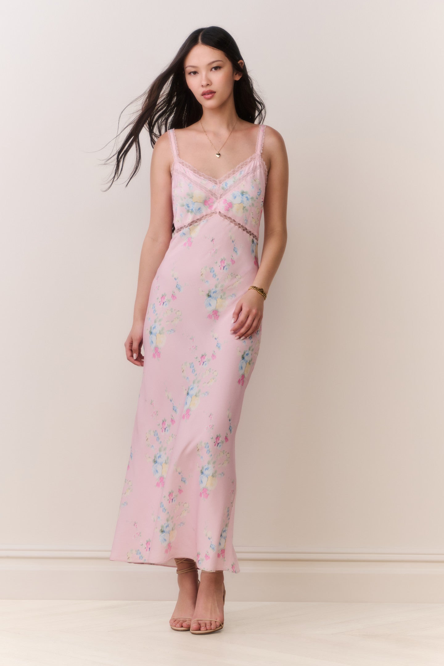 satin floral midi dress Annabeth Satin Floral Maxi Slip Dress for Women in Rosy Trellis, Size: 2XL, by LoveShackFancy