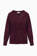 Merlot button-front cardigan with V-neck, long sleeves, and two patch pockets