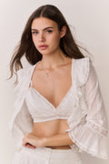Woman wearing a white lace bralette top with lace ruffle long sleeve top over shoulders against a plain background