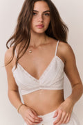 Woman wearing a white lace bralette top with lace ruffle long sleeve top over shoulders against a plain background