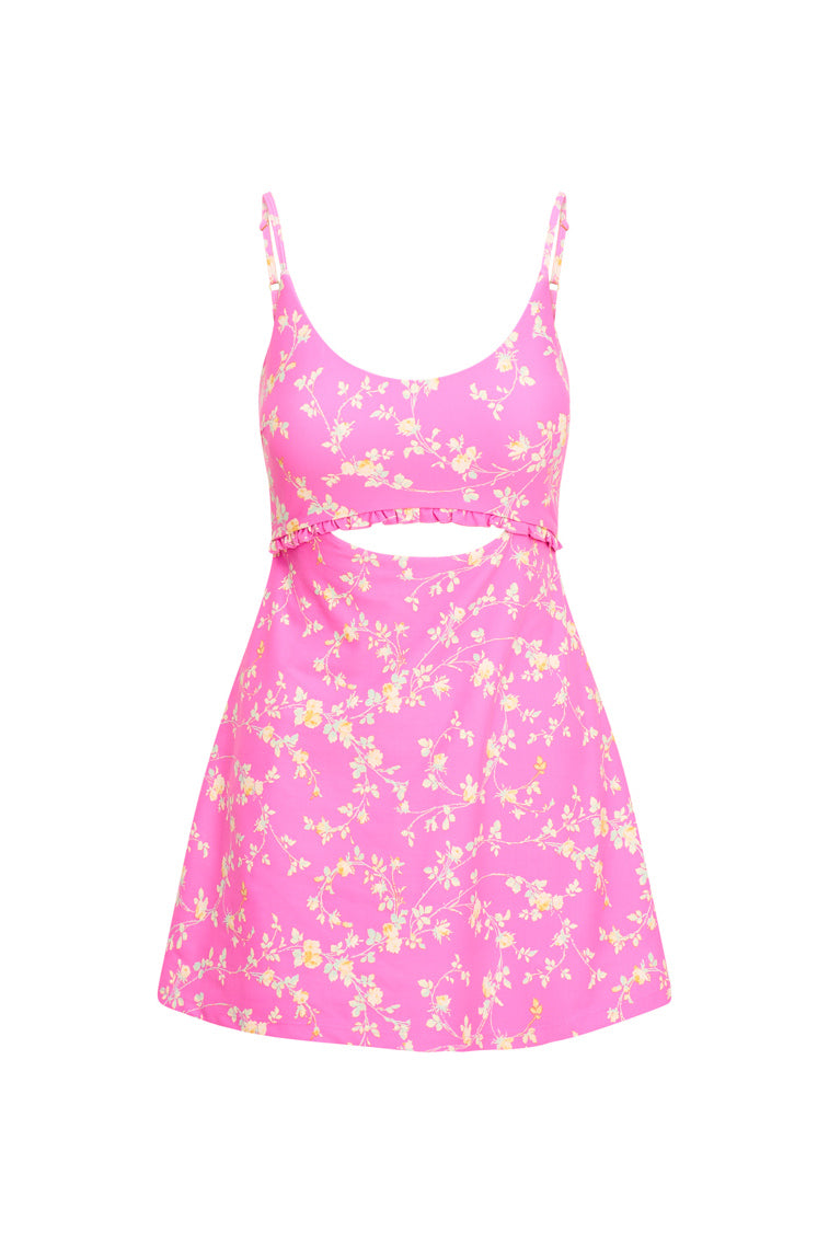 Floral active dress with a scoop neck, thin straps, and, a keyhole detail at center front.