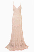 Blush pink sequin lace slip dress, spaghetti straps, V-neck, ruffled hem