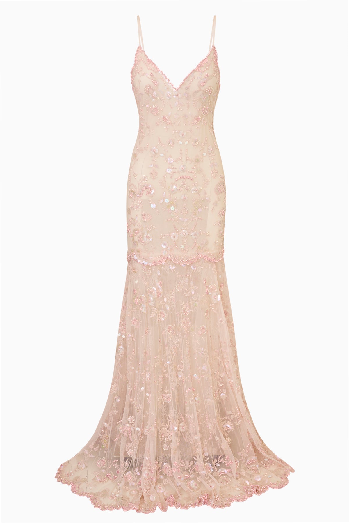 Blush pink sequin lace slip dress, spaghetti straps, V-neck, ruffled hem
