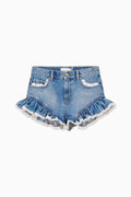 Blue denim shorts with ruffled hem on a white background