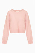 Pink crewneck knit pullover sweater with long sleeves, flat lay front view
