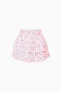 Girls tiered ruffle skirt with cherry stripe print, white with red and pink accents