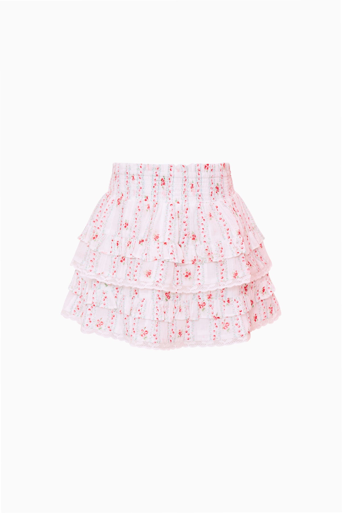 Girls tiered ruffle skirt with cherry stripe print, white with red and pink accents