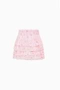 Girls light pink tiered ruffle mini skirt with elastic waistband