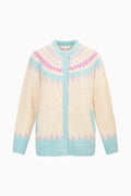 Pastel-colored cardigan with a geometric pattern on a white background