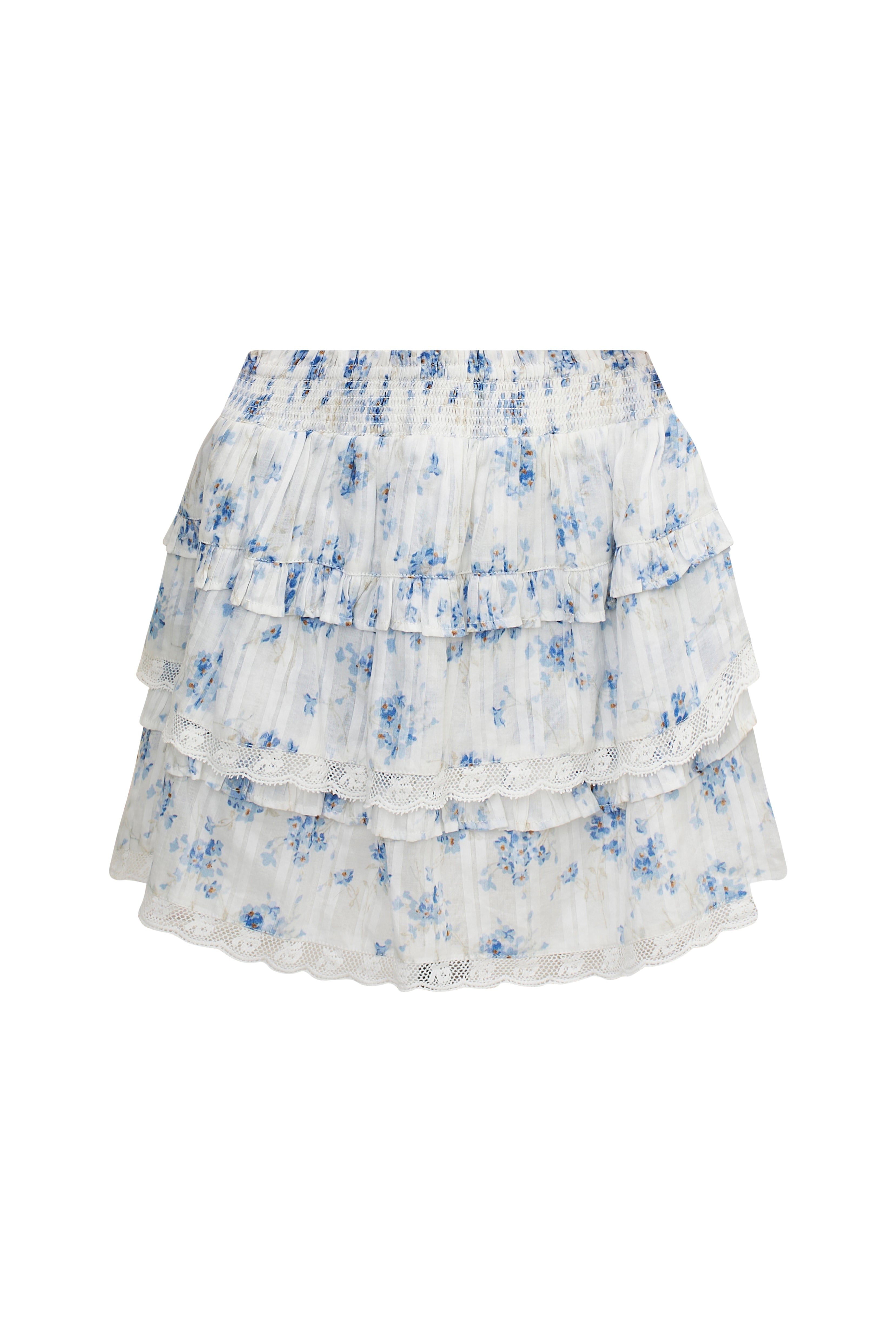 Two-tiered skirt with ruffles, a sky blue print and custom-lace embroidered tassels. 