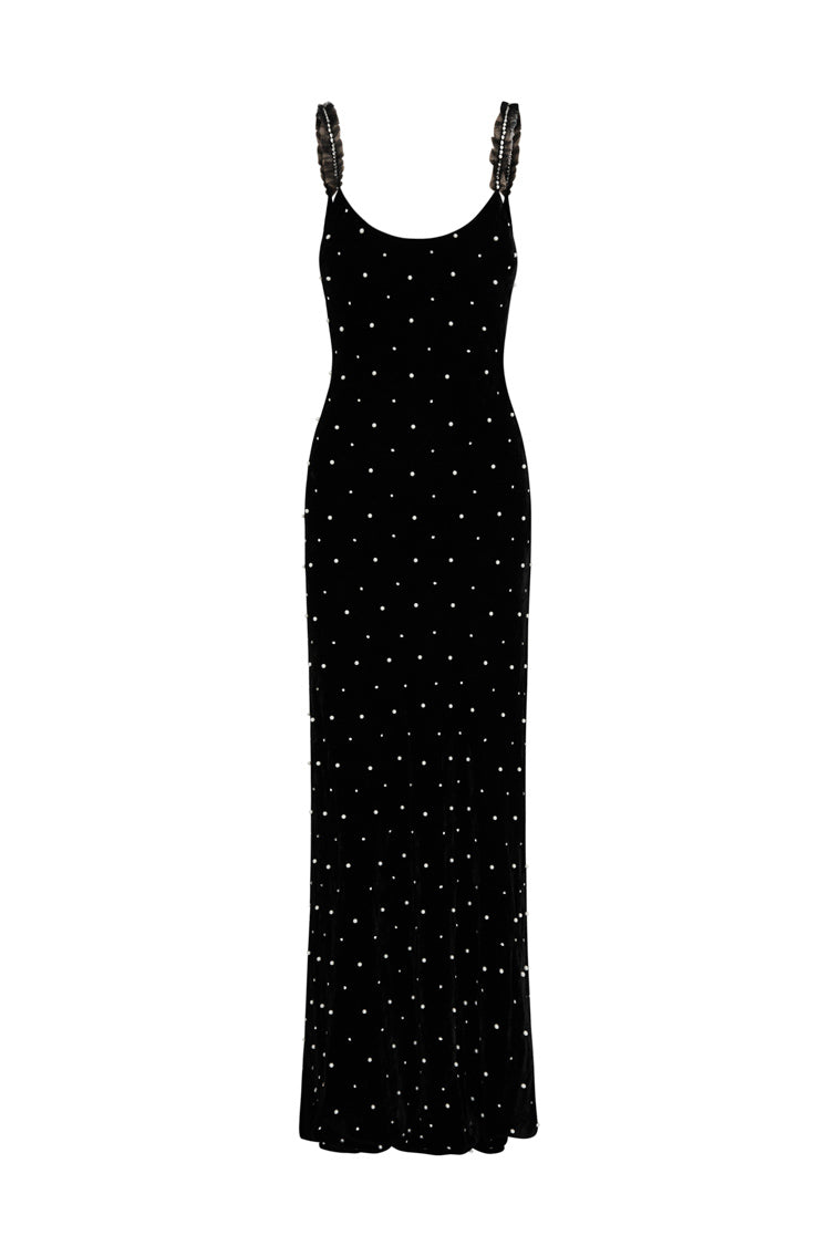 Black luxe velvet maxi dress with rhinestones and pearls all over.