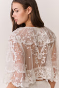 Woman wearing a sheer white lace top against a plain background