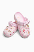 Pink rubber clogs with decorative elements on a white background
