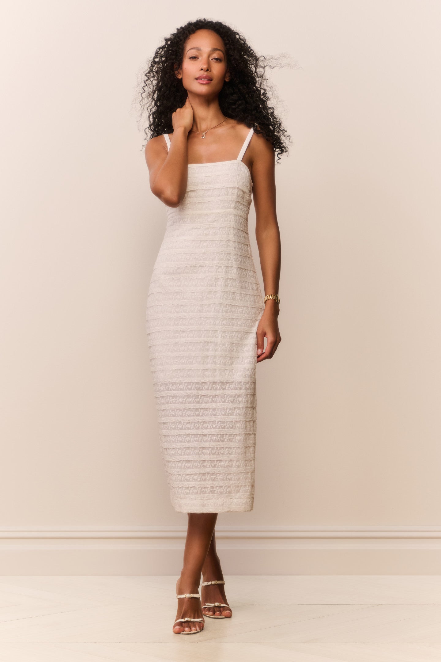 Verna Lace Stripe Midi Dress for Women in White, Size: 00, by LoveShackFancy Verna Lace Stripe Midi Dress for Women in White, Size: 00, by LoveShackFancy