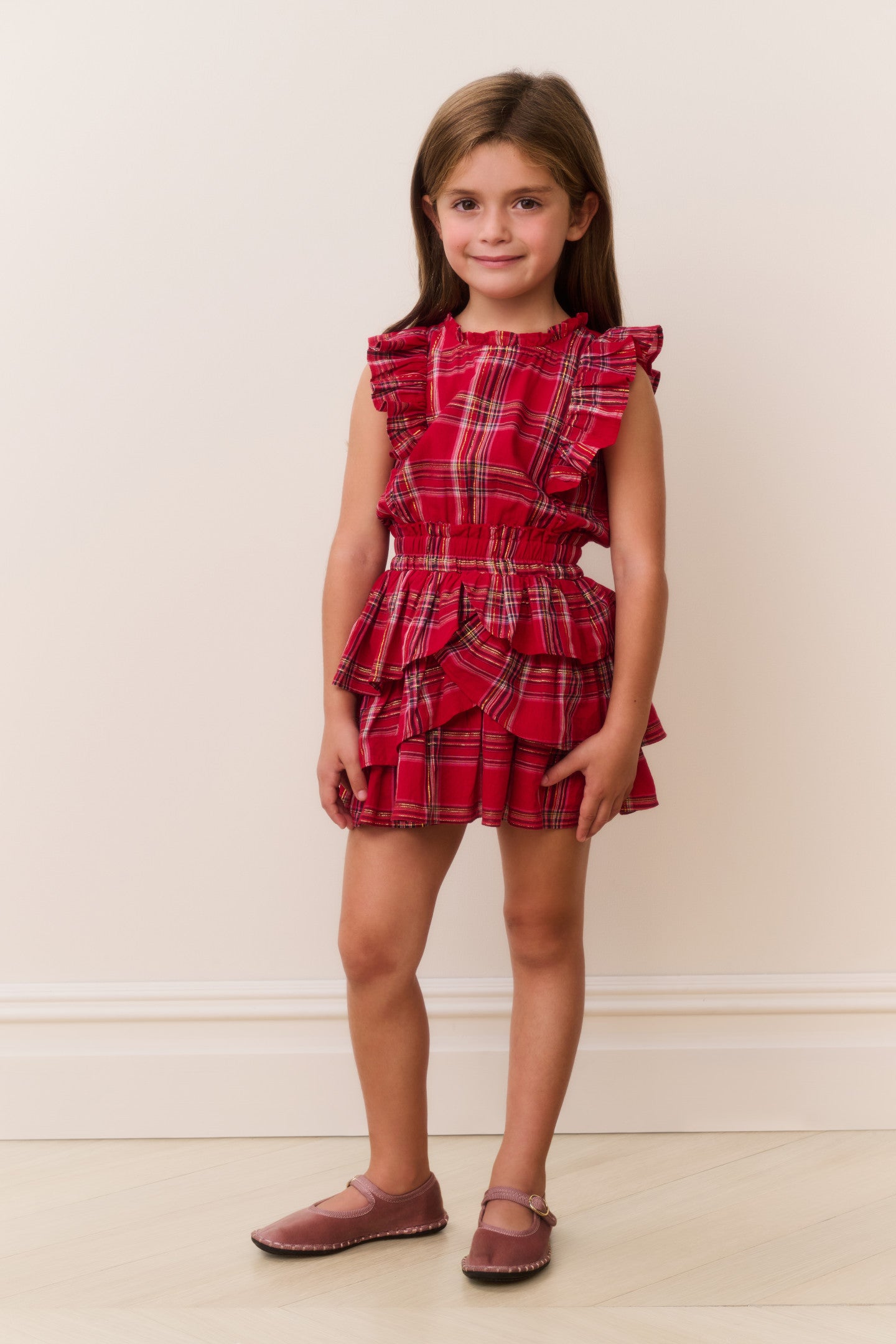 Girls Decker Cotton Tartan Ruffle Dress in Cherry Red, Size: 2/3, by LoveShackFancy