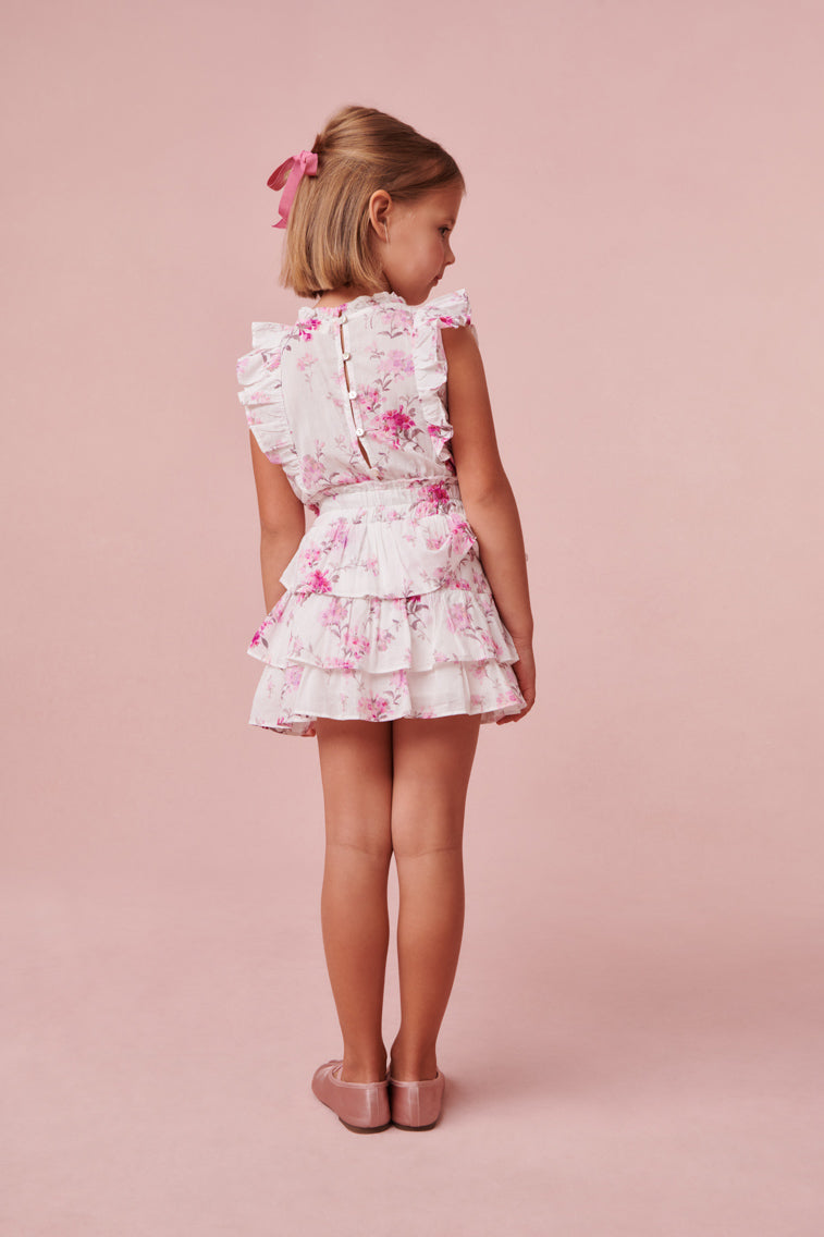 Frock dress with a ruffle-trimmed collar, buttons down center front, flutter sleeves, an elastic waist and overlapping asymmetrical ruffles at the skirt.