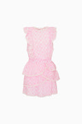 Pink bow print ruffle dress on a white background
