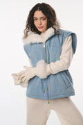 Woman wearing a blue vest with white fur trim and matching gloves on a white background