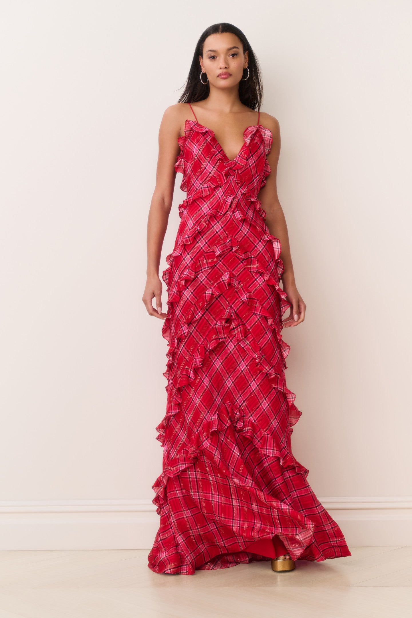 slim fit dress slacks Ellietta Tartan Ruffle Maxi Dress Cherry Jubilee / 0
