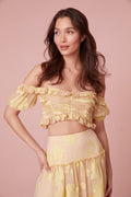 Cropped off-shoulder made from soft fil coupe silk blend with a custom floral design