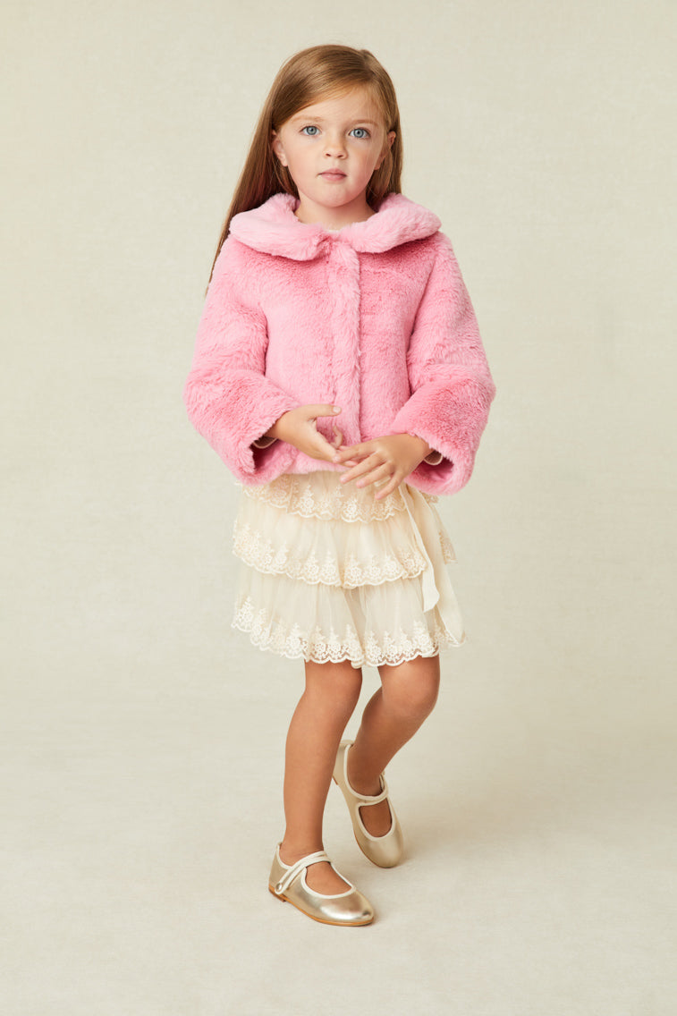 Girls fur Jacket with wide sleeves and a statement collar.
