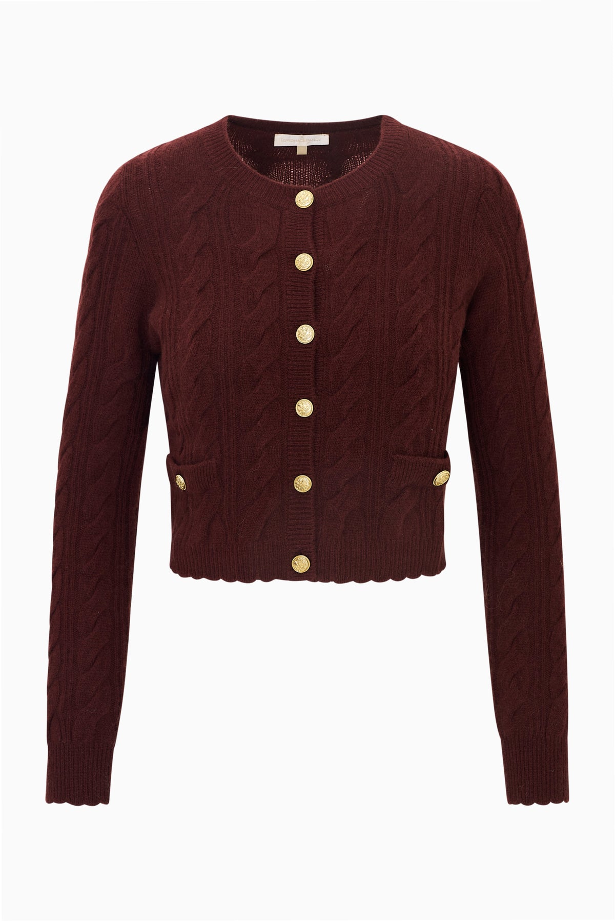 Burgundy cable-knit cardigan with gold button front, patch pockets and long sleeves