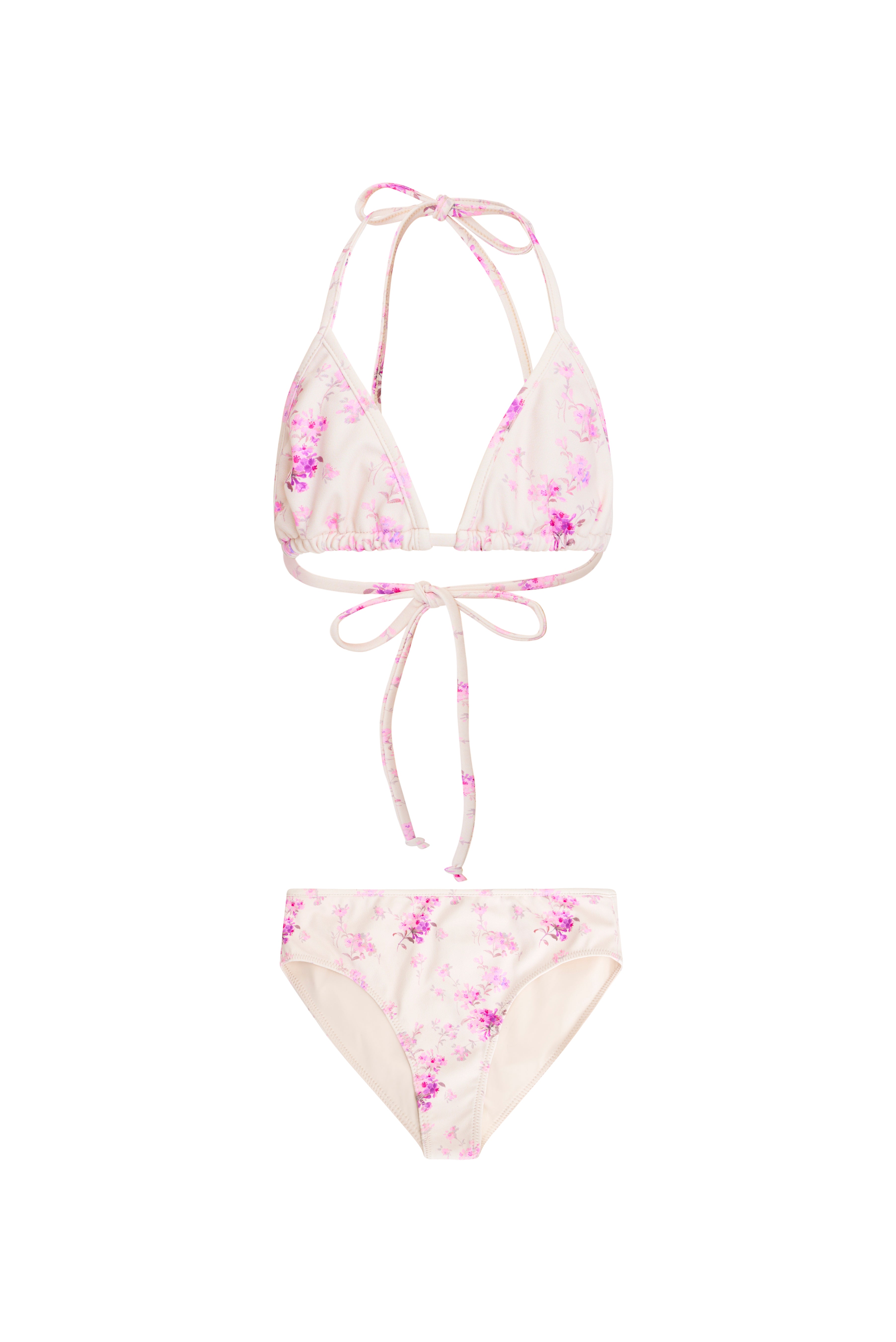 Halter top bikini with self tie detail and dainty floral print.