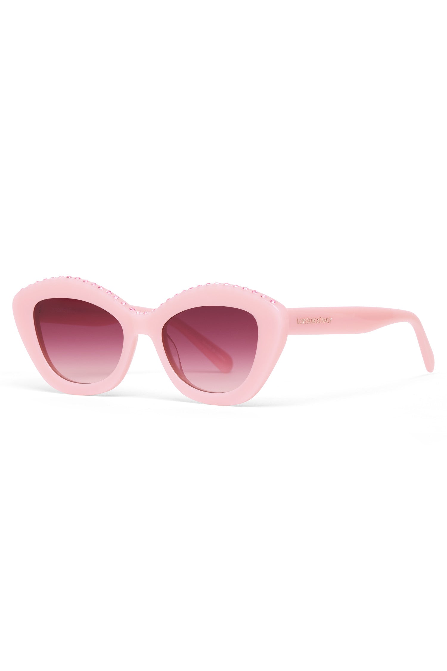 Pink Cat Eye Sunglasses with Rhinestones on top across bridge of nose and eyes.