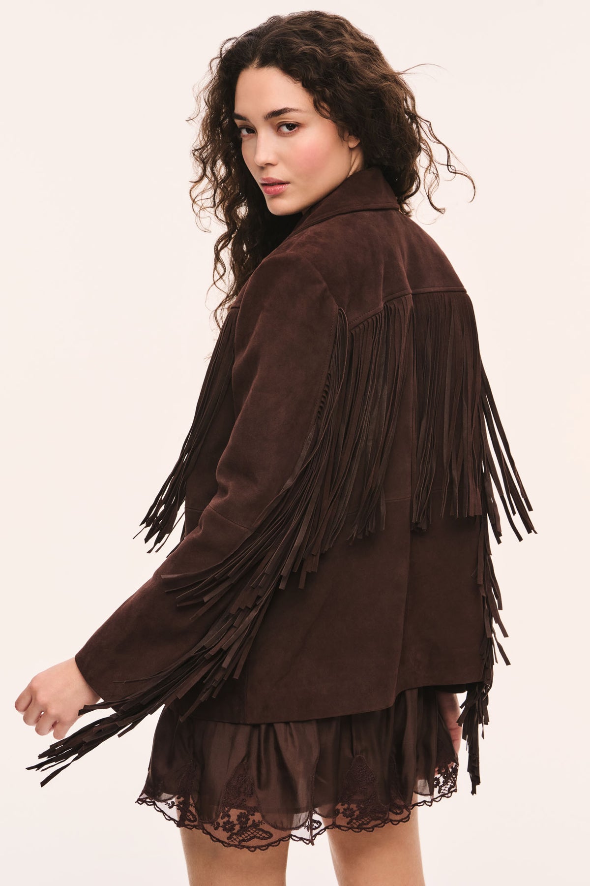 Geraline Chocolate Suede Fringe Jacket