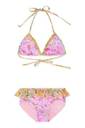 Girls two-toned floral printed two-piece bikini. The triangle top has ruffle lining the interior seams and halter ties. The bottom has a classic cut with a ruffle flounce.