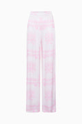 Pink and white patterned pants on a white background