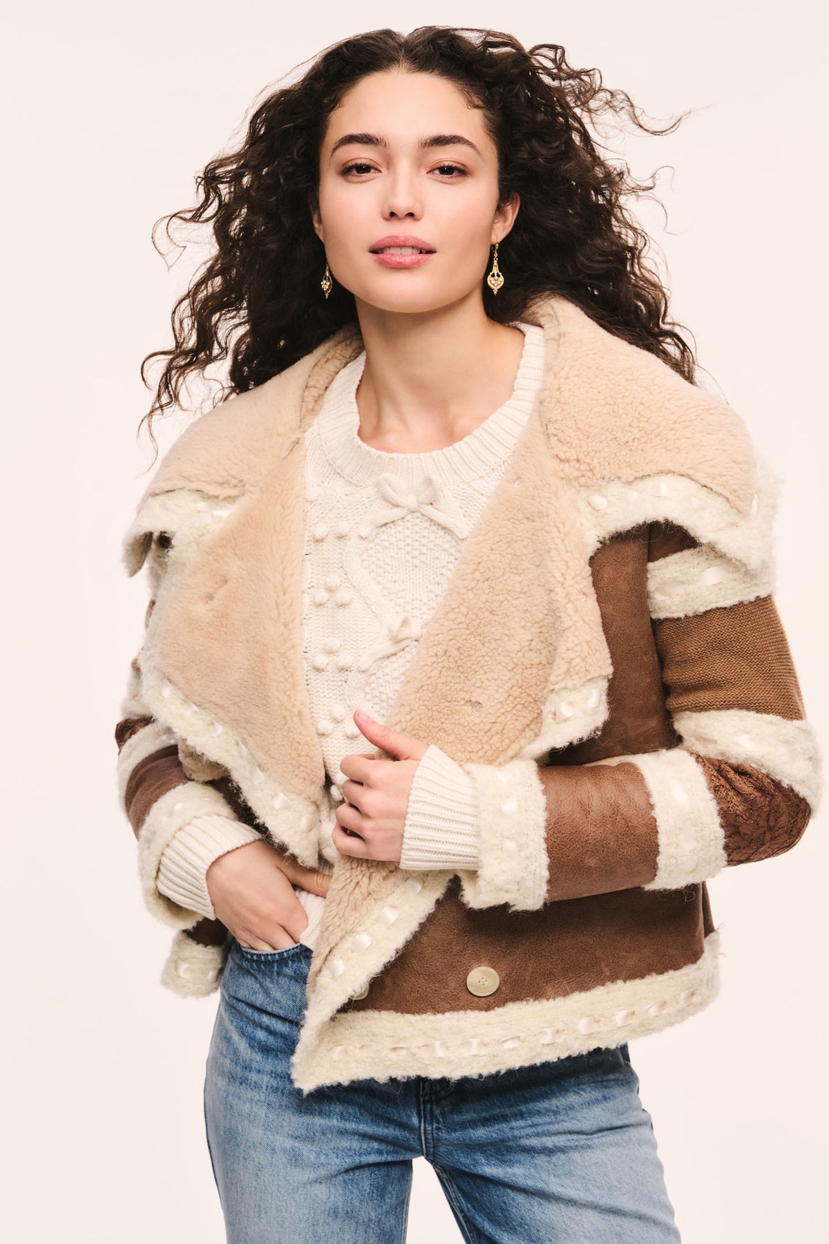 Lirielle Shearling Coat with Ribbon Accents