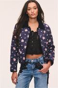 Floral quilted jacket with pink blossoms on dark navy, zip front and side pockets