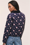 Quilted floral jacket, dark navy with pink flower print, back view with stand collar