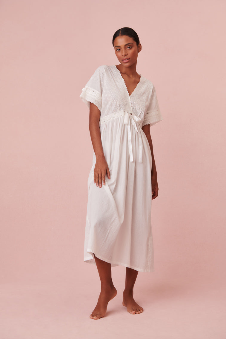 Short sleeve maxi nightgown featuring embroidery.