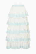 Blue and white tiered maxi skirt on white background