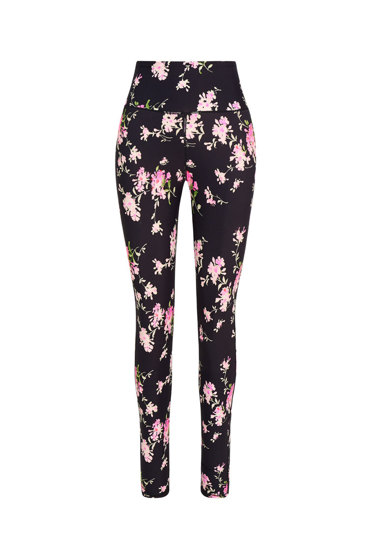 Black featuring pink floral print high-waisted leggings with a sleek style and feature a smocked waistband for a seamless performance.