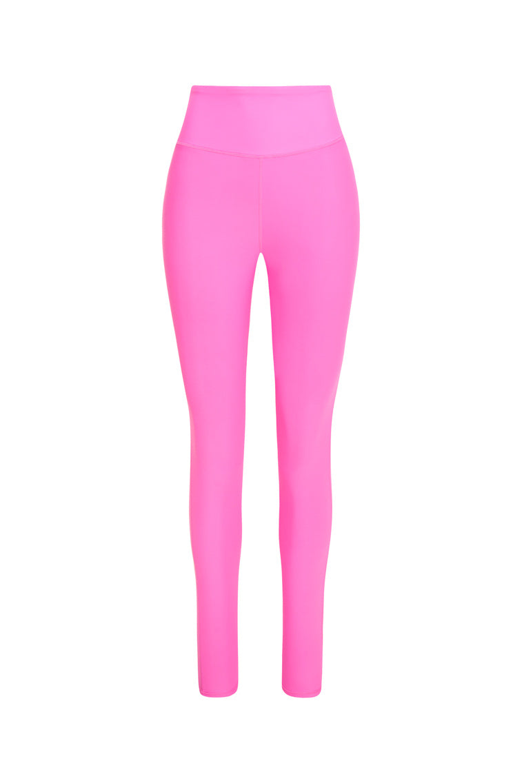 Pink high-waisted leggings with a sleek style and feature a smocked waistband for a seamless performance. 